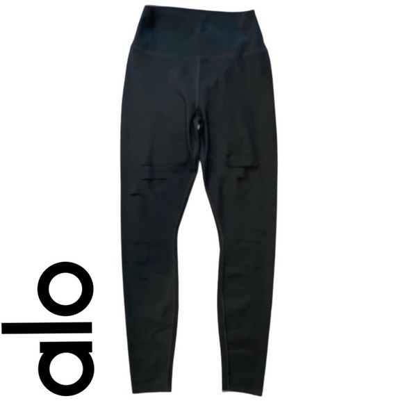 ALO Yoga Pants - Alo Yoga Warrior Ripped Cut Slit Leg High Rise Leggings Size L Grey
